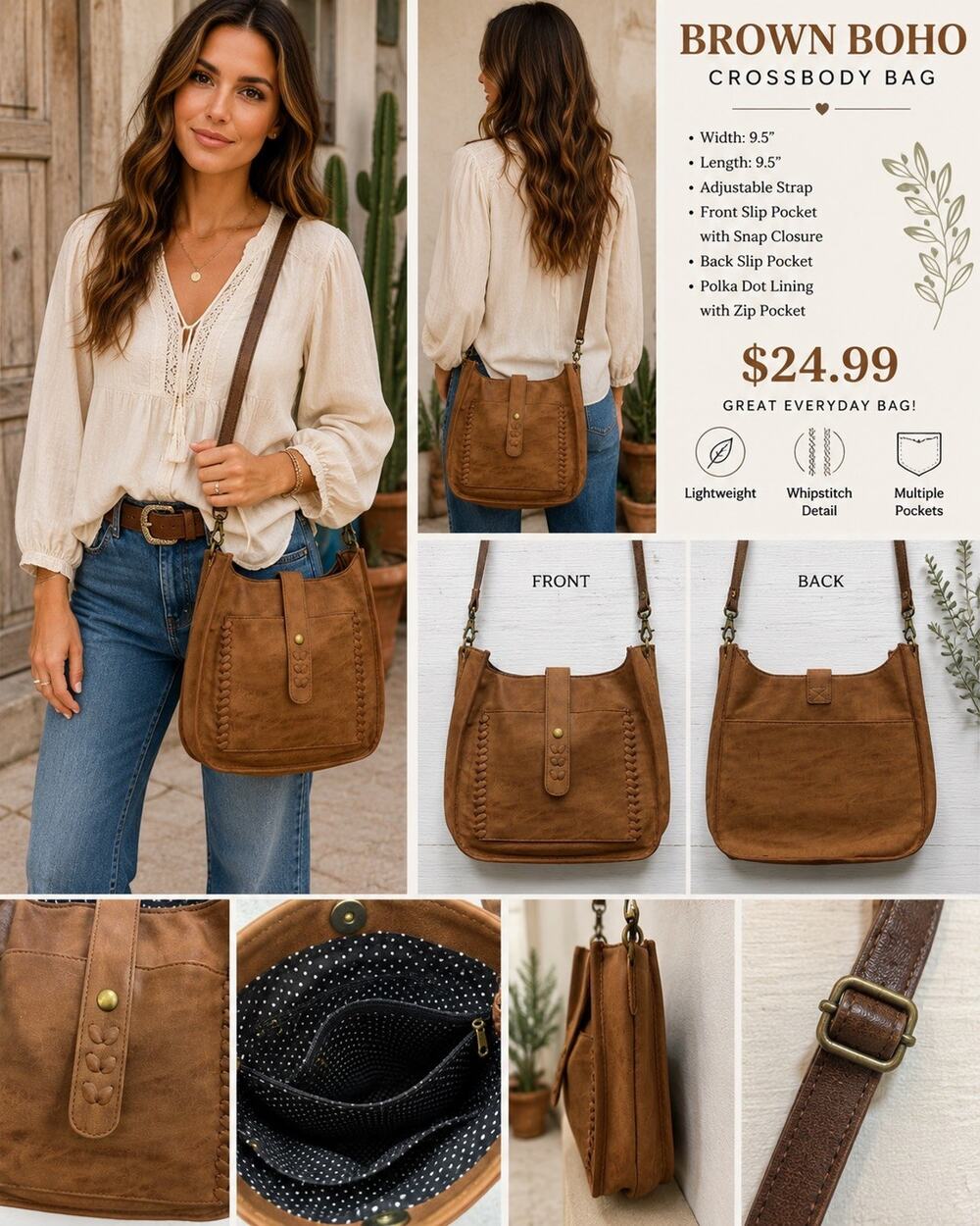 Brown Boho Crossbody Bag Whipstitch Faux Leather Adjustable Strap Western